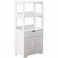 Tall Freestanding Wooden Storage Vanity, Kitchen Pantry, and Bathroom Organizer, with 2 Open Shelves, A Drawer and 2 Door Cabinet, White