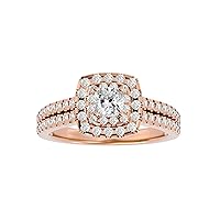 Certified Halo Engagement Ring in 14K White/Yellow/Rose Gold with 0.47 Ct Center Cushion Moissanite & 0.47 Ct Round Cut Natural Diamond Engagement Ring for Women, Girl | Solitaire Ring (F-VVS1, IJ-SI)
