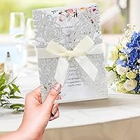 50Pcs Wedding Invitations, Rose Laser Cut Wedding Invitations Kit with Envelopes Blank Inner Sheets and Pre-tied Ribbons for Wedding Bridal Shower Engagement Birthday (Glitter Silver)