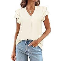 MEROKEETY Women's 2024 Summer V Neck Ruffle Short Sleeve Blouse Business Casual Top Shirts