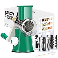 Cheese Grater Cheese Shredder - Manual Rotary Cheese Grater with Handle Vegetable Slicer Nuts Grinder 3 Replaceable Drum Blades and Strong Suction Base Free Cleaning Brush