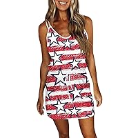 Women's 4Th of July Outfits Fashion Summer Patriotic Dresses Printed Loose Sleeveless Pocket V-Dress, S-3XL