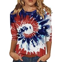 4th of July Women's Shirts Plus Size American Flag Printed 3/4 Length Sleeve Crewneck Blouse Independence Day Tees