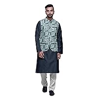 Mandarin Collar Traditional Solid Kurta Pajama with Printed Jacket Set