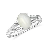 Natural Moonstone Oval Split shank Ring with Diamonds for Women in Sterling Silver / 14K Solid Gold/Platinum