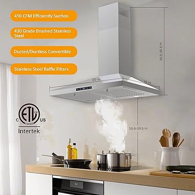 FIREGAS Black Range Hood 30 inch, Ducted/Ductless Range Hood Wall Mount Kitchen Vent Hood with 3 Speed Exhaust Fan, Push Button, LED Light, Stainless