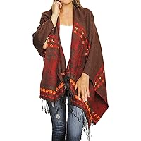 TD Collections Women's Winter Poncho Shawl Fringed Sweater Coat Aztec Print