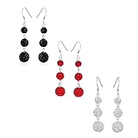 Black Red White Crystal Pave Round Graduated Two or Three Tier Disco Ball Linear Dangle Chandelier Earrings for Women Teen.925 Sterling Silver
