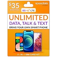 SpeedTalk Mobile $35 Preloaded Smart Phone SIM Card Kit | Unlimited MInutes Call & SMS Text + 10GB of 5G/4G LTE Then Unlimited Data at 2G Speed | 30 Days Wireless Cellphone Service Plan | USA Coverage