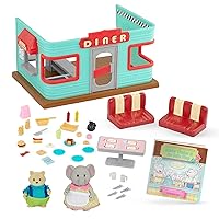 Li'l Woodzeez – Li'l Nibbles Drive Thru Diner – 40Pcs Dollhouse Playset – 2 Posable Doll Figures & 1 Storybook Included – Miniature Food & Accessories – Stackable Playset for Kids 3+