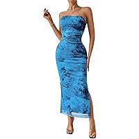 Milumia Women's Printed Strapless Tube Top Long Dress Slit Hem Sleeveless Bodycon Maxi Dresses Floral Blue X-Small