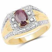 14K Yellow Gold Plated 1.03 Carat Genuine Ruby and White Diamond .925 Sterling Silver Ring