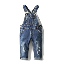 KIDSCOOL SPACE Little Girl Boy Jean Overalls,Toddler Ripped Denim Cute Slim Pants