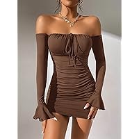 Fall Dresses for Women 2023 Off Shoulder Knot Front Ruched Bodycon Dress Dresses for Women (Color : Coffee Brown, Size : XX-Small)