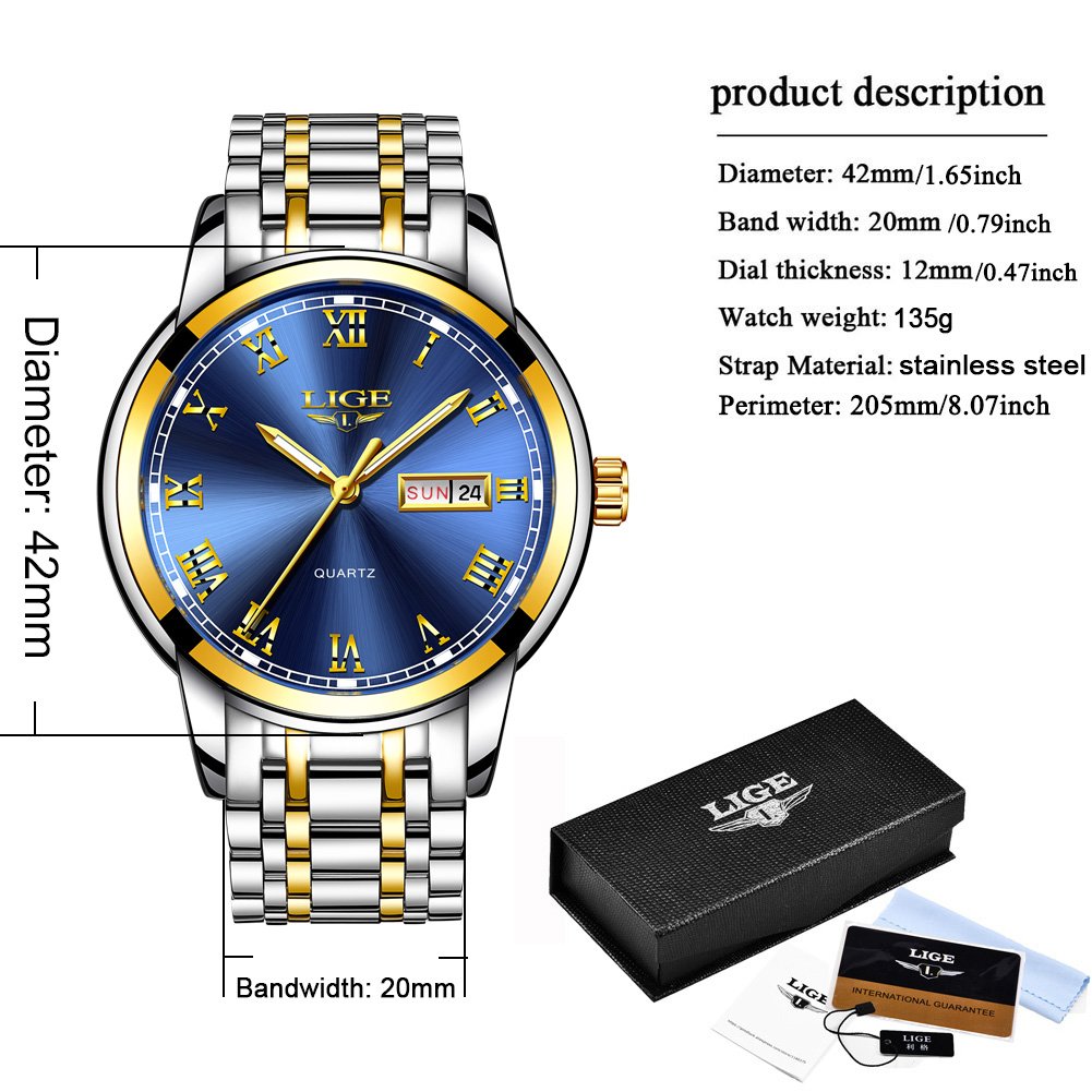LIGE Mens Watches Waterproof Stainless Steel Date Analogue Quartz Watch Gents Classical Business Wrist Watch for Men