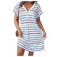 Floerns Women's Plus Size V Neck Striped Print Short Sleeve Tee Shirt Dress