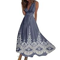 Women's Summer Elegant Wrap Deep Deep V Neck Sleeveless Maxi Dress 2024 Trendy Floral Print Flowy Beach Dress
