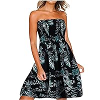 Womens Summer Boho Floral Bandeau Beach Dresses Strapless Smocked High Waist Casual Flowy A-Line Dress for Vacation