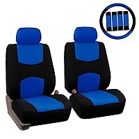FH Group Car Seat Covers Flat Cloth Front Seats Only Blue Automotive Seat Cover, Airbag Compatible Universal Fit Interior Accessories Cars Trucks SUV Combo Steering Wheel Cover & Seat Belt Pads