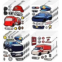 24 Make A Rescue Vehicle Stickers for Kids - Create Your Own Police Car & SUV, Fire Engine Truck, & Ambulance - Easy to Use, No Mess Sticker Sheets - Great Party Favor & Rainy Day Activity
