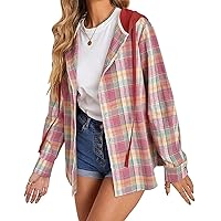 Women Plaid Hooded Shirt Drawstring Flannel Sweatshirt Hoodie Jacket Casual Button Down Blouse Tops With Pocket