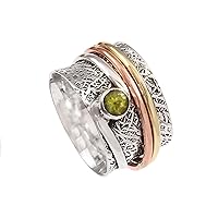 Spinner Gemstone Peridot ring Spinning Meditation Textured Band Boho Spin Three Tone Sterling silver ring Silver jewelry