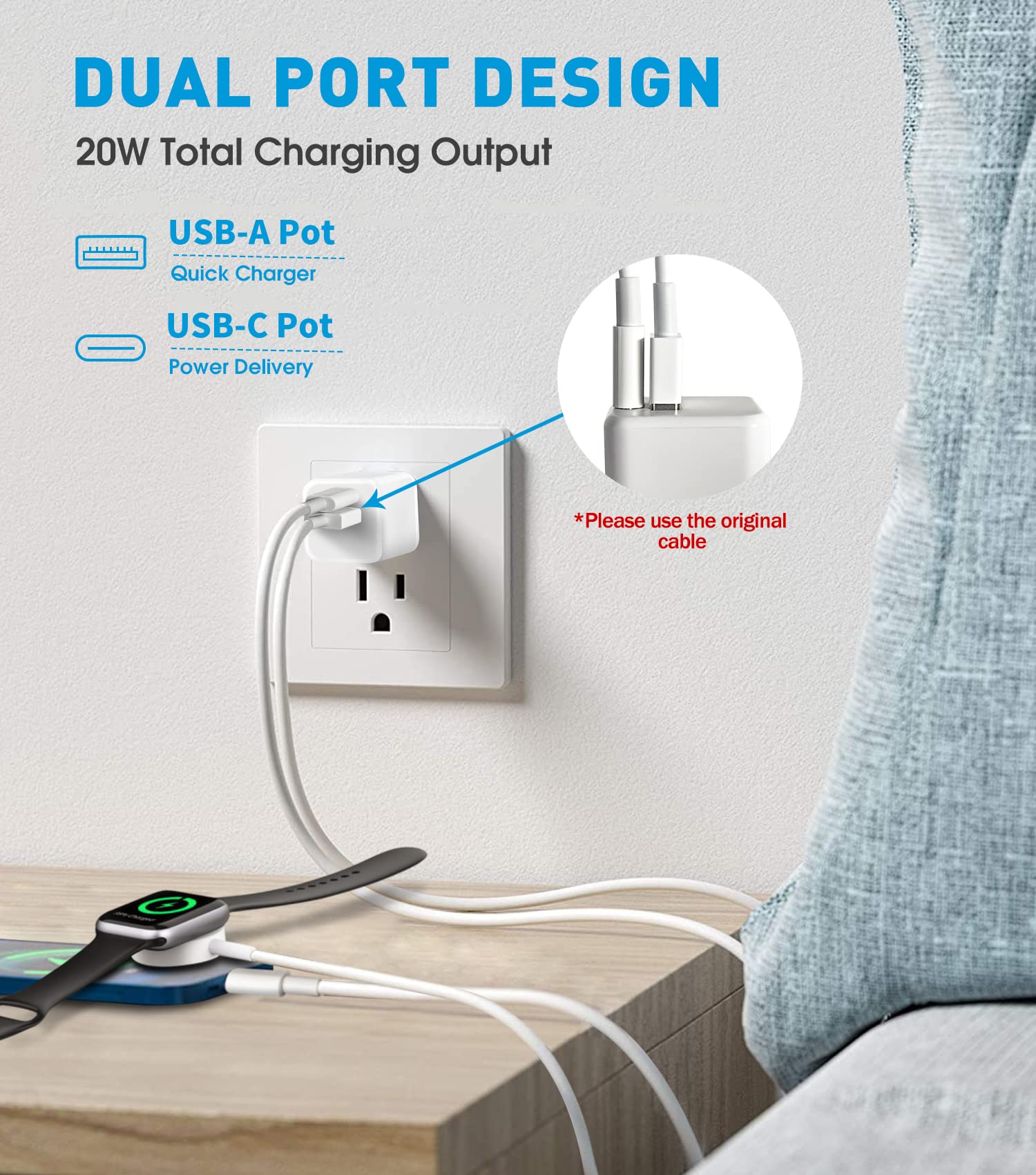 USB C Wall Charger Block,20W Dual Port Charge Adapter,Fast Charging Plug Compatible with Apple Watch Series Se 8 7 6 5 4 3 iPhone 14 Plus 13 12 Mini Pro Max iPad Pro Air, Airpods