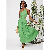 Dresses for Women Women's Dress Criss Cross Lace Up Backless Cut Out Ruched Ruffle Hem Dress Dresses (Color : Green, Size : Small)