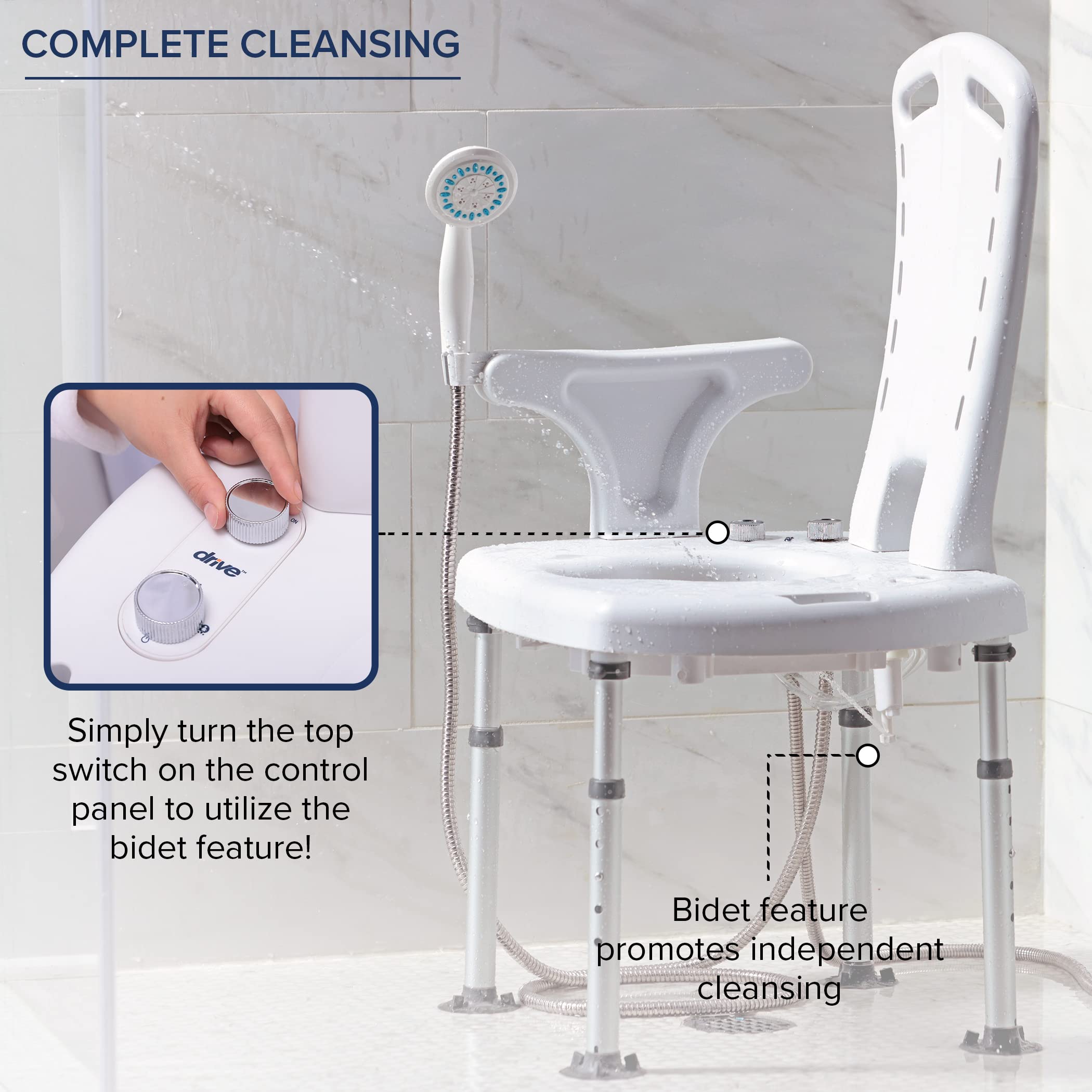 Drive Medical PreserveTech Aquachair Bathing System with Bidet, Premium Shower Chair with Back, Arms & Shower Sprayer, Tub Chair with Cutout Seat, Bath & Shower Chair, Shower Commode Chair