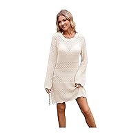 Women's Loose Hollow Dress Knit Beach Dress with Bell Sleeves Long Sleeve Fall Dresses Knitted Sexy Tops