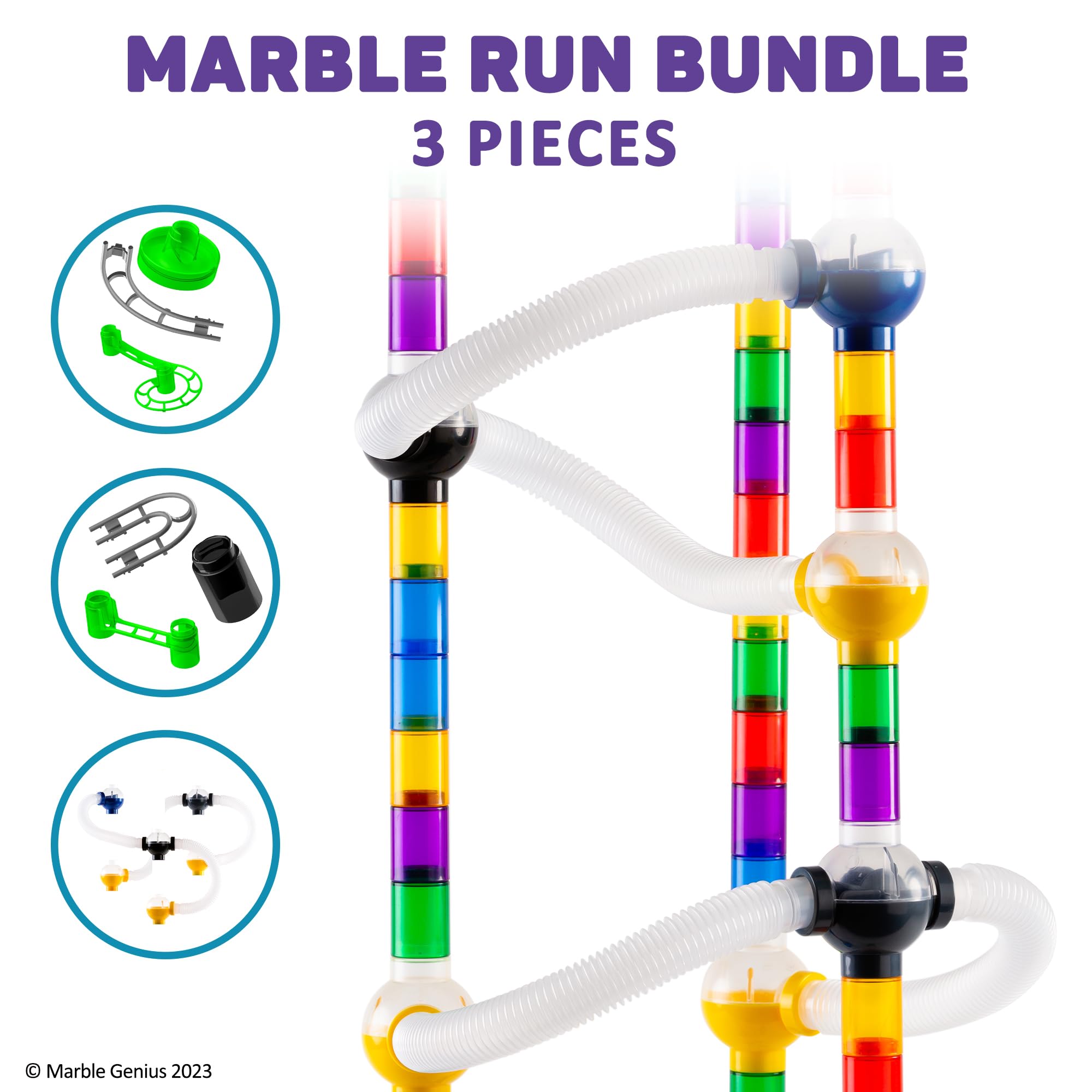 Marble Genius Bundle: Marble Rails Starter Set (200 Pieces), Pipes & Spheres Accessory (10 Pieces), Marble Rails Automatic Chain Lift, with Online App and Full-Color Instructions