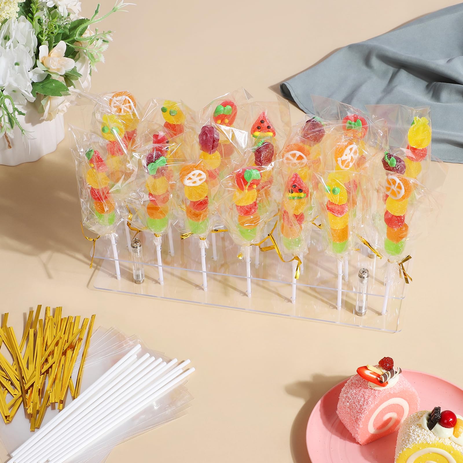 Cake Pop Stand with Sticks Kit, 21 Holes Lollipop Display Stand, Acrylic Cake Pop Display Holder, Lollipop Holder with 100 Pcs Sticks, 100 Pcs Clear Wrappers, 100 Pcs Gold Twist Ties
