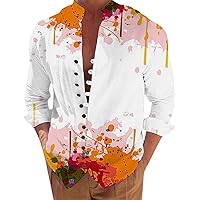 Mens Button Down Shirts Long Sleeve Casual Summer Floral Beach T-Shirt Band Collar Shirt Vintage Cuban Guayabera Shirt