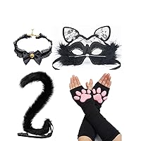 Masquerade Venetian Lace Mask Cat Paw Gloves Mittens with Cute Cat Paw Toe Beans and Cat Tail,Sexy Cat Cosplay for Party Halloween Christmas Girls - Black