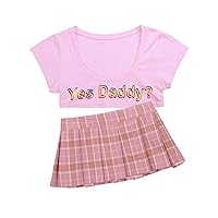 ACSUSS Womens Naughty Schoolgirl Lingerie Set Yes Daddy Letter Printed Tops Mini Plaid Pleated Skirt