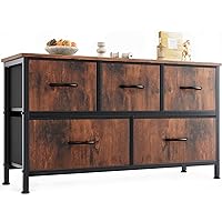 OLIXIS Dresser for Bedroom, Storage with 5 Drawer Organizer Closet Chest Small Clothes Fabric Cabinet, Kids Furniture Drawer Binis, Nightstand for Bedroom, Living Room, Nursery, Entryway, Rustic Brown