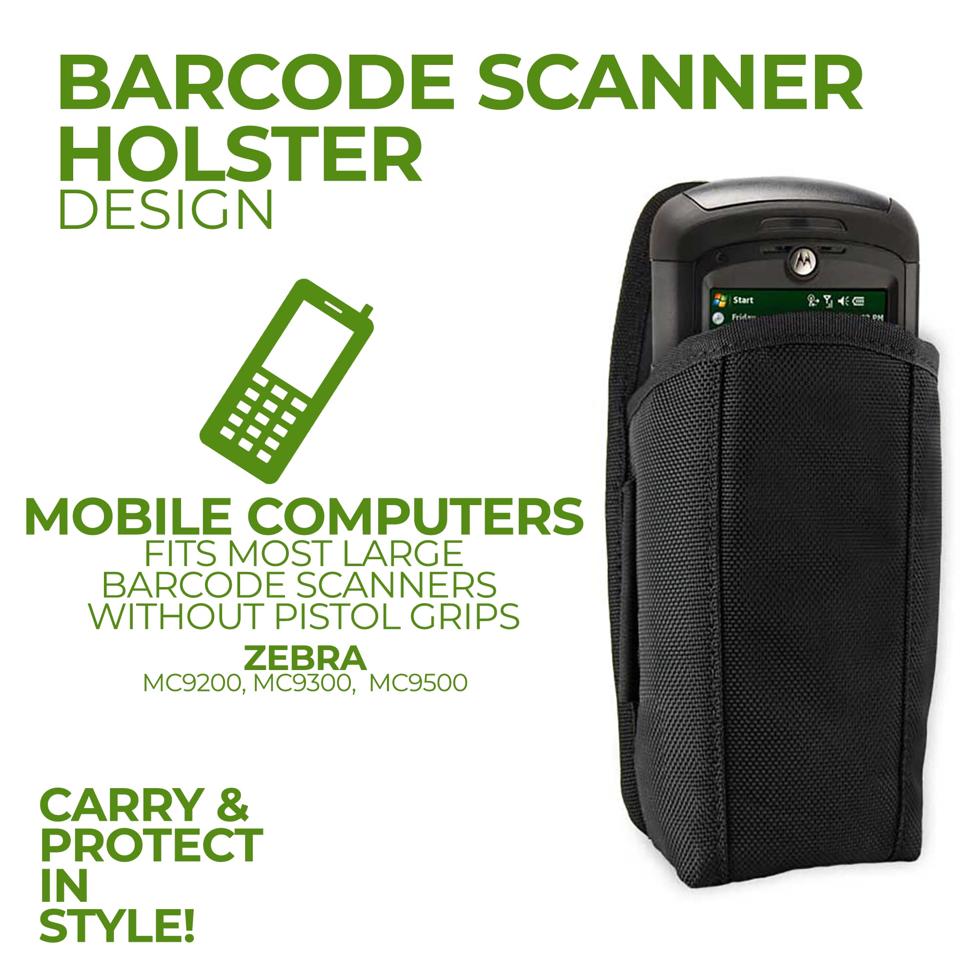 e-Holster Zebra Scanner Holster for Large Barcode Scanners | Ballistic Nylon Carrying Case Pouch Without Pistol-Grip | Belt Clip, Belt Loop, Shoulder Strap | Fits Zebra MC9500/9300/9200