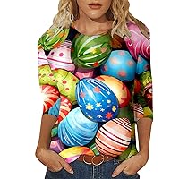 Aesthetic Clothes and Accessories Women Casual Fashion Round Neck Three Quarter Sleeve Colorful Easter Printed