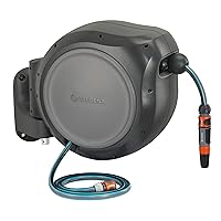 82' ft. Wall Mounted Retractable Reel with Hose Guide, automatic retraction for easy watering of garden or yard. Easy swivel