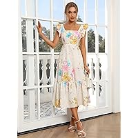 Dresses for Women - Floral Print Ruffle Trim Dress (Color : Apricot, Size : Medium)