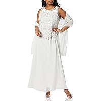 J Kara Women's Long Beaded V Trim Detail Gown with Scarf