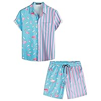 VATPAVE Mens Flamingo Hawaiian Sets Casual Short Sleeve Button Down Shirts Beach Outfits