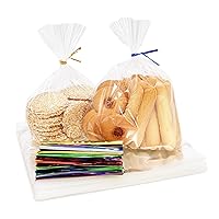 100PCS Cellophane Bags 6x8 inches, Clear Treat Bags with 4’’ Twist Ties, Plastic Cello Bags - 1.4 mils Thick OPP Rice Crispy Bags for Gift Goodie Favor Candy Cake Pop Birthday Party Cookies (6’’ x