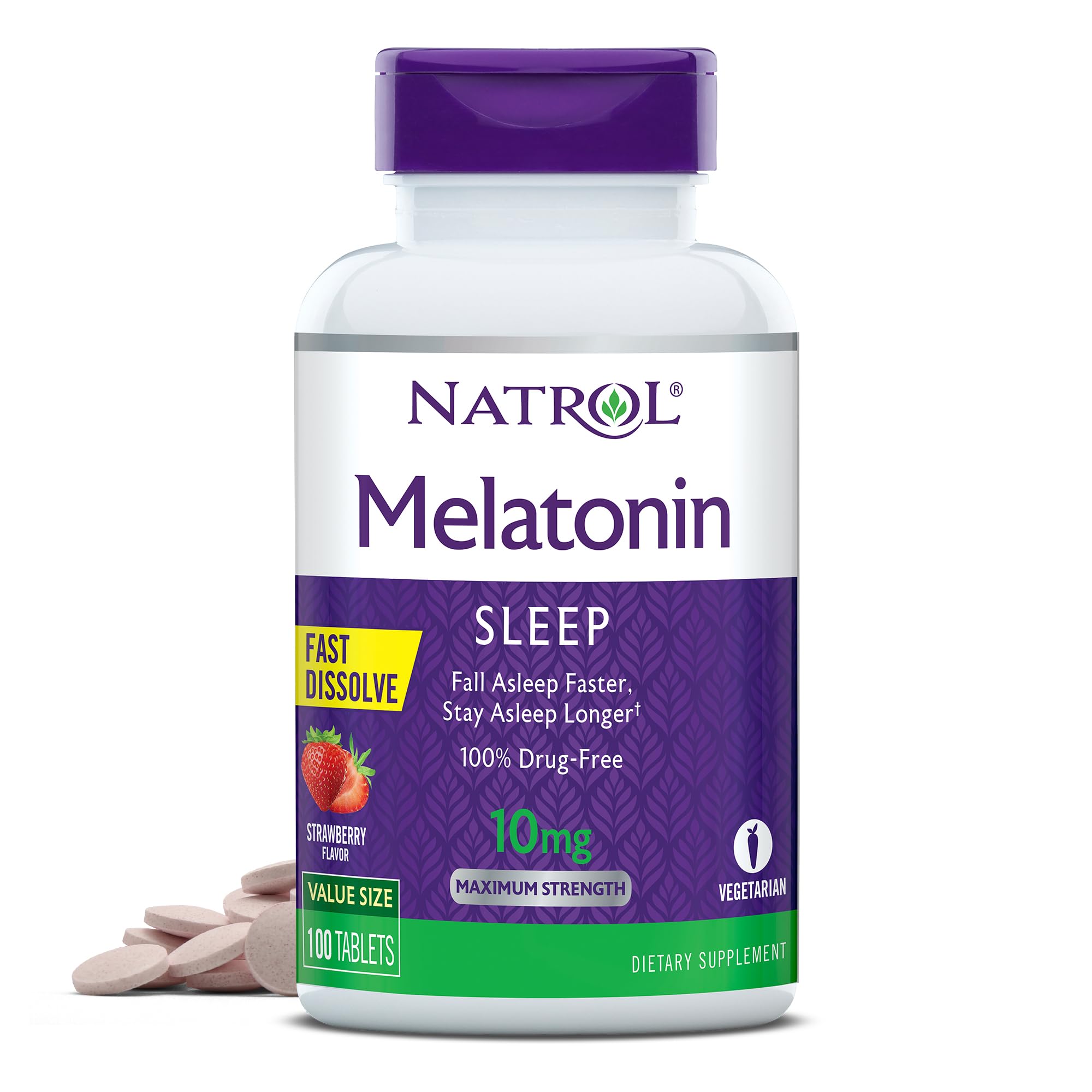Natrol Melatonin Fast Dissolve Tablets, Helps You Fall Asleep Faster, Stay Asleep Longer, Easy to Take, Dissolve in Mouth, Strengthen Immune System, Maximum Strength, Strawberry Flavor, 10mg, 100Count