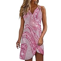 Summer Dresses for Women 2024 Beach Floral ButtonV Neck Tshirt Sundresses Casual Boho Ladies Tank Dress with Pockets