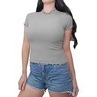 Sexy Women Short Sleeve Fitted Mock Neck Lettuce Trim Solid Shirt Top
