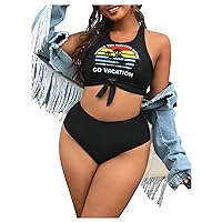 SOLY HUX Women's Plus Size Two Piece Swimsuit Letter Graphic Tie Front High Waisted Bikini Sets Tankini Bathing Suits