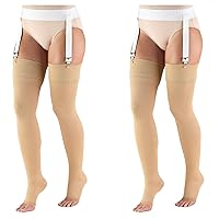Truform 30-40 mmHg Compression Stockings for Men and Women, Thigh High Length, Open Toe, Beige, Small (Pack of 2)