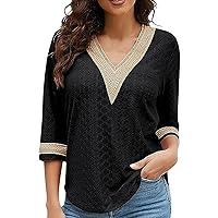Womens 3/4 Sleeve Summer Tops Lace Trim V Neck Chiffon Cute Blouses for Women Fashion 2024 Business Casual Outfits Going Out Tops Dressy Shirts Multicolor Medium Three Quarter Sleeve Tops