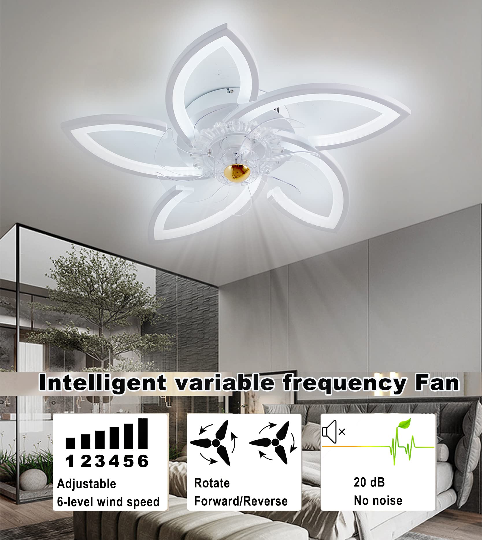 LED Deckenventilator mit Beleuchtung, 96W Dimmbare Deckenleuchte mit Ventilator Fernbedienung APP 3 Farbtemperatur 6-Speed Leise Deckenventilator für Schlafzimmer Wohnzimmer Esszimmer (Weiß, 70cm)
